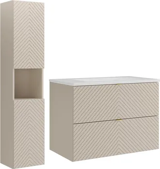 Vente-Unique Mueble de ba&ntilde;o suspendido en espiga con lavabo encastrado y columna - Beige - 80 cm - DORIONI