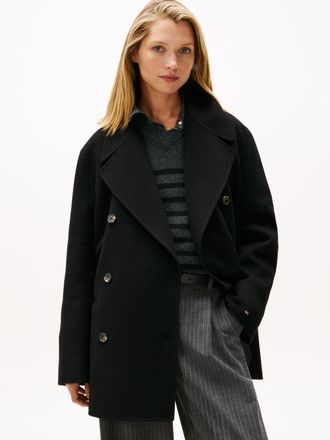 Tommy Hilfiger Kurzmantel TOMMY HILFIGER DF WOOL BLEND REG PEACOAT, Damen, Gr. 36, schwarz, Web, Obermaterial: 60% Wolle, 40% Polyester, unifarben, h&uuml;ftbedeckend, V-