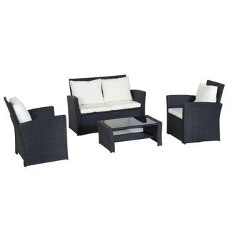 Happy Garden Conjunto de jard&iacute;n 4 plazas en resina trenzada negra y cojines crema