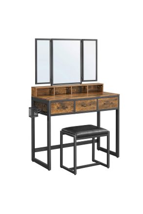 Boxxx Schminktisch, Braun, Schwarz, Metall, Vintage, 3 Schubladen, rechteckig, eckig, Flachrohr, 40x141x90 cm, Schlafzimmer, Schminktische