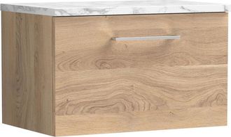 Nuie Nuie Arno Wall Hung 1-Drawer Vanity Unit with Carrera Marble Worktop 600mm Wide - Bleached Oak