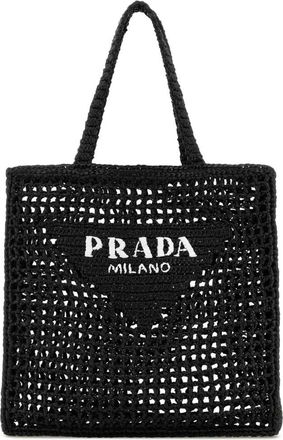 Prada Black triangle-logo raffia tote bag
