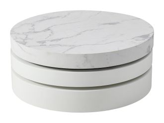 Vente-Unique Mesa de centro redonda giratoria con 1 estante de MDF - Efecto m&aacute;rmol blanco y lacado blanco - JANITA