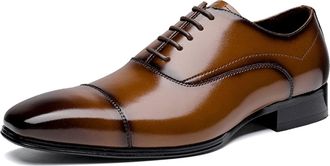 Generic Formal Shoes for Men Lace Up Plain Cap Toe Burnished Toe Leather Rubber Sole Block Heel Low Top Non Slip Anti-Slip Wedding(Brown,7.5 UK)