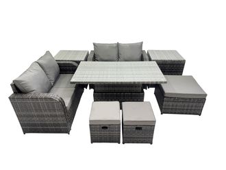 Fimous 7-seater Rattan Garden Furniture Dining Set with 2 Side Table 3 Stools in Dark Grey