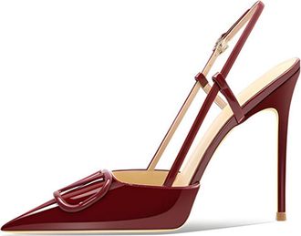 Generic Womens Slingback Stiletto Heels Pointed Toe High Heel Dress Shoes Patent Leather Buckle Strap Classic Formal Footwear for Wedding & Evening Party,Burg