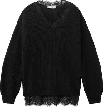 Mango Lace Trim Rib Sweater in Black at Nordstrom, Size X-Small