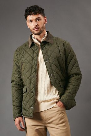 Maine Mens Cord Collar Diamond Quilted Jacket - Khaki - Size X-Large