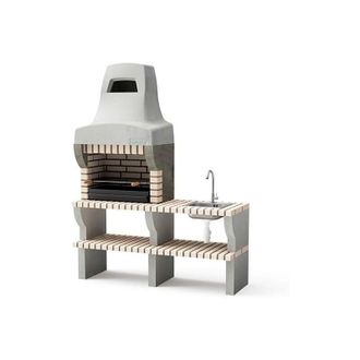 Movelar Movelar - Barbacoa De Obra Prefabricada Con Caballete Lateral Bailen Plus 1 Con Skink&tap (beige, Gris - 165 X 58 X 58 Cm) - Uso En Exteriores