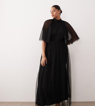 Lace & Beads Plus Vestito lungo accollato in tulle nero con maniche con volant