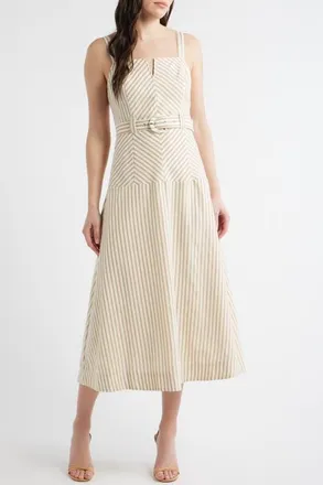 ZOE AND CLAIRE Stripe Belted Sleeveless Midi Dress in Light Brown at Nordstrom, Size X-Large
