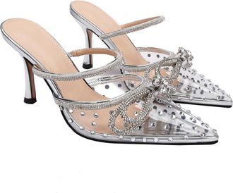 Generic Heel Sandals for Women 8.5CM Pointed toe Sexy Transparent TPU Bow Sparkling Rhinestones Party Dress Heel (Silver,10.5)