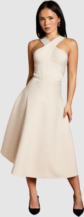 Coast Petite Bandage Cross Neck Midi Dress in Stone at Nordstrom, Size 12P