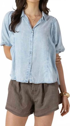 Dex Clothing Panelled Button Front Denim Blouse In Bleached Indigo