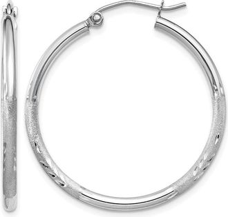 Diamond2Deal 14k Gold Satin & Diamond-cut 2x30mm Round Hoop Earrings