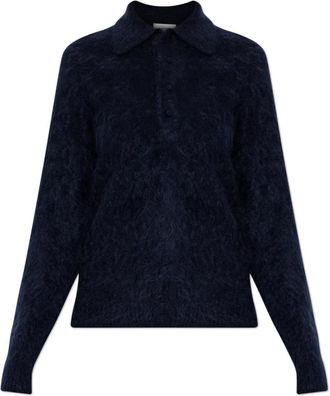 Forte_Forte Cashmere Poloshirt met Lange Mouwen - Dames - Cashmere truien - Blauw - M - Leer - Truien & Vesten
