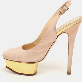 Charlotte Olympia Beige Suede Dolly Slingback Platform Pumps