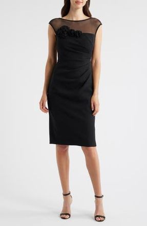 Eliza J Rosette Detail Mesh & Scuba Crepe Cocktail Sheath Dress in Black at Nordstrom Rack, Size 8