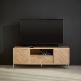 Sweeek 120cm Tv Unit 2 Cupboard Herringbone 1 Drawer in Light Brown
