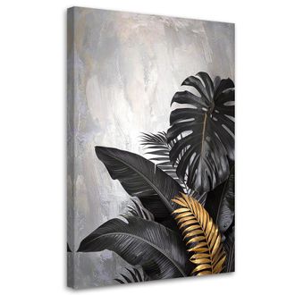 Feeby Cuadro Sobre Lienzo Hojas Negras De Monstera Y Platanero Sobre Fondo Gris 70x100