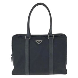 Prada Pre-owned Tote Bags, male, Black, Size: ONE SIZE Pre-owned Tessuto Saffiano Nylon Leather Business Tote Bag