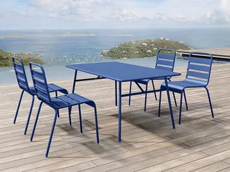 Vente-Unique Comedor de jard&iacute;n de metal: Mesa An. 160 cm y 4 sillas apilables azul noche - MIRMANDE