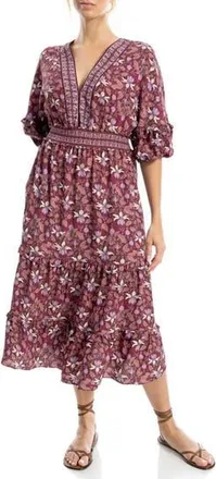 Max Studio Elbow Sleeve Ruffle Midi Dress in Wine/Plum Dragon Floral at Nordstrom Rack, Size X-Small