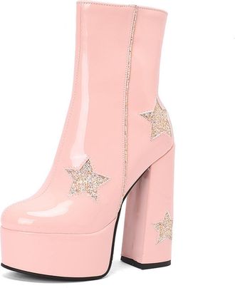 Generic Womens Patent Leather Platform Ankle Boots Chunky Block Heels Glitter Star Embellishments Side Zipper Closure Bold Party Nightclub Performance Fashion