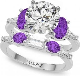 Allurez Round Lab Grown Diamond & Oval Amethyst Bridal Set in Palladium (4.65ct)