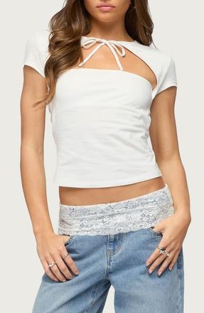Edikted Meridia Cutout Tie Neck T-Shirt in White at Nordstrom, Size X-Large