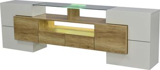 STILVORA Mueble Tv Con 6 Puertas, 2 Cajones, 3 Huecos Y Led Multicolor, Blanco Brillo, 200&times;35&times;60 Cm, En Mdf, Natural