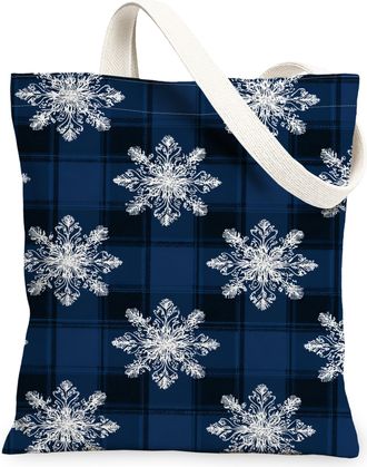 Generic Winter Snowflake Canvas Tote Bags, Frost Pattern Reusable Grocery Bags, Vintage Plaid Lightweight Washable Shoulder Strap C, Navy, 13x15 Inch