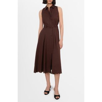 Mango Floral Embroidered Belted Cotton & Linen Shirtdress in Brown at Nordstrom, Size 4