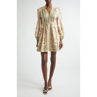 Zimmermann Roselight Print Long Sleeve Linen Minidress in Sage Tapestry Floral at Nordstrom, Size 0