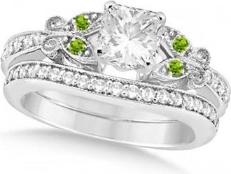 Allurez Princess Diamond & Peridot Butterfly Bridal Set in 14k W Gold (0.96ct)