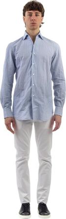 Finamore 170 a due Shirt - Heren - Casual Overhemden - Blauw - XL - Katoen - Overhemden