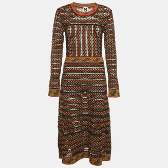 M Missoni Black/orange Pointelle Knit Long Sleeve Midi Dress