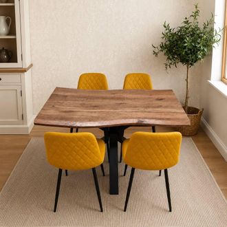 Kosy Koala 4 Seater Rustic Brown Dining Table with 4 Mustard Faux Leather Chairs