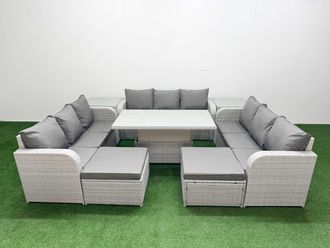 Fimous PE Rattan Lounge Sofa Set 11 Seater Outdoor Garden Furniture Set w/ Adjustable Lifting Dining or Coffee Table 3 Seater Sofa 2 Big Footstools 2