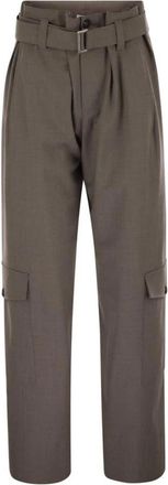 Brunello Cucinelli Cargo Broek met Plooi en Riem - Dames - Straight fit broeken - Bruin - M - Wol - Broeken