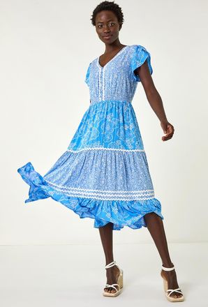 Roman Floral Print Ric Rac Midi Dress