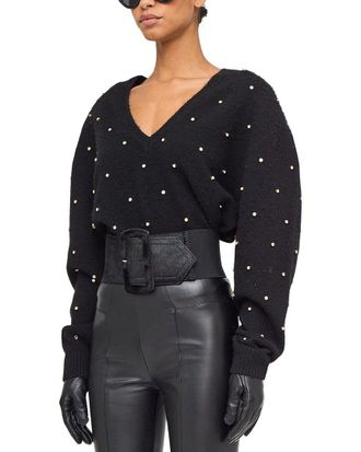 Ronny Kobo Wool-Blend Corin Crystal Knit V-Neck Top