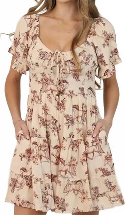 Angie Womens Horse Print Short Sleeve Dress In Beige