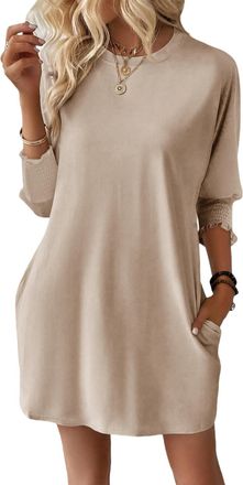 Dokotoo Womens Dresses Summer Fashion 3/4 Sleeve Elastic Smocked Crewneck with Pockets Solid Color Spring Casual Womens Mini Dress Oatmeal 2XL