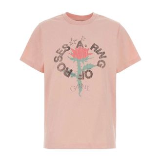 Ganni T-Shirts, female, Pink, Size: XS T-shirt with Rose