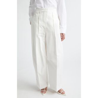 Jil Sander Pleated Cotton & Silk Straight Leg Pants in Latte at Nordstrom, Size 8 Us