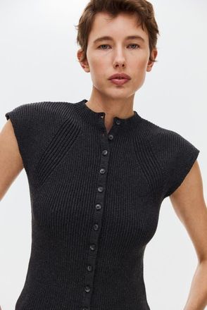 H&M Short-sleeved rib-knit cardigan in Dark Gray Melange at Nordstrom, Size X-Small