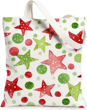 Generic Star and Dot Canvas Tote Bags, Holiday Pattern Reusable Grocery Bags, Winter Lightweight Washable Shoulder Strap Canvas for, Red and Green, 13x15 Inch