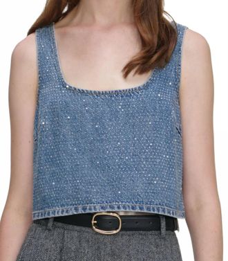 Self Portrait Rhinestone Denim Crop Top In Blue