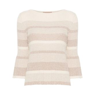 Twinset Gestreepte Gebreide Trui - Dames - Ronde hals truien - Beige - L - Katoen - Truien & Vesten